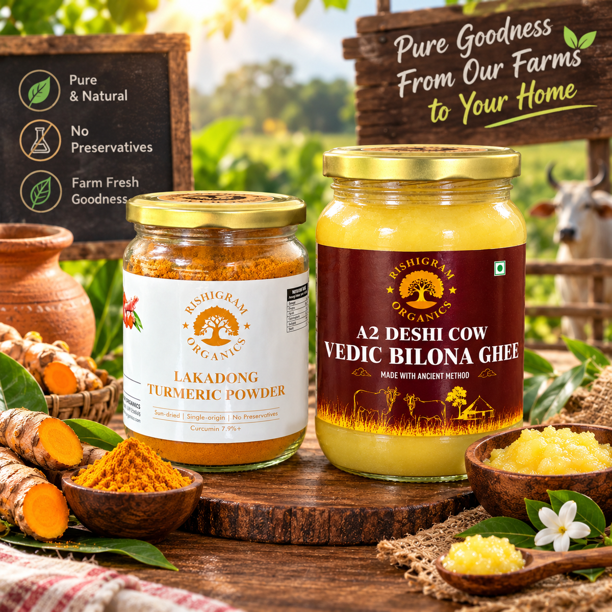 500g A2 Deshi Cow Vedic Bilona Ghee + 200g Lakadong Turmeric