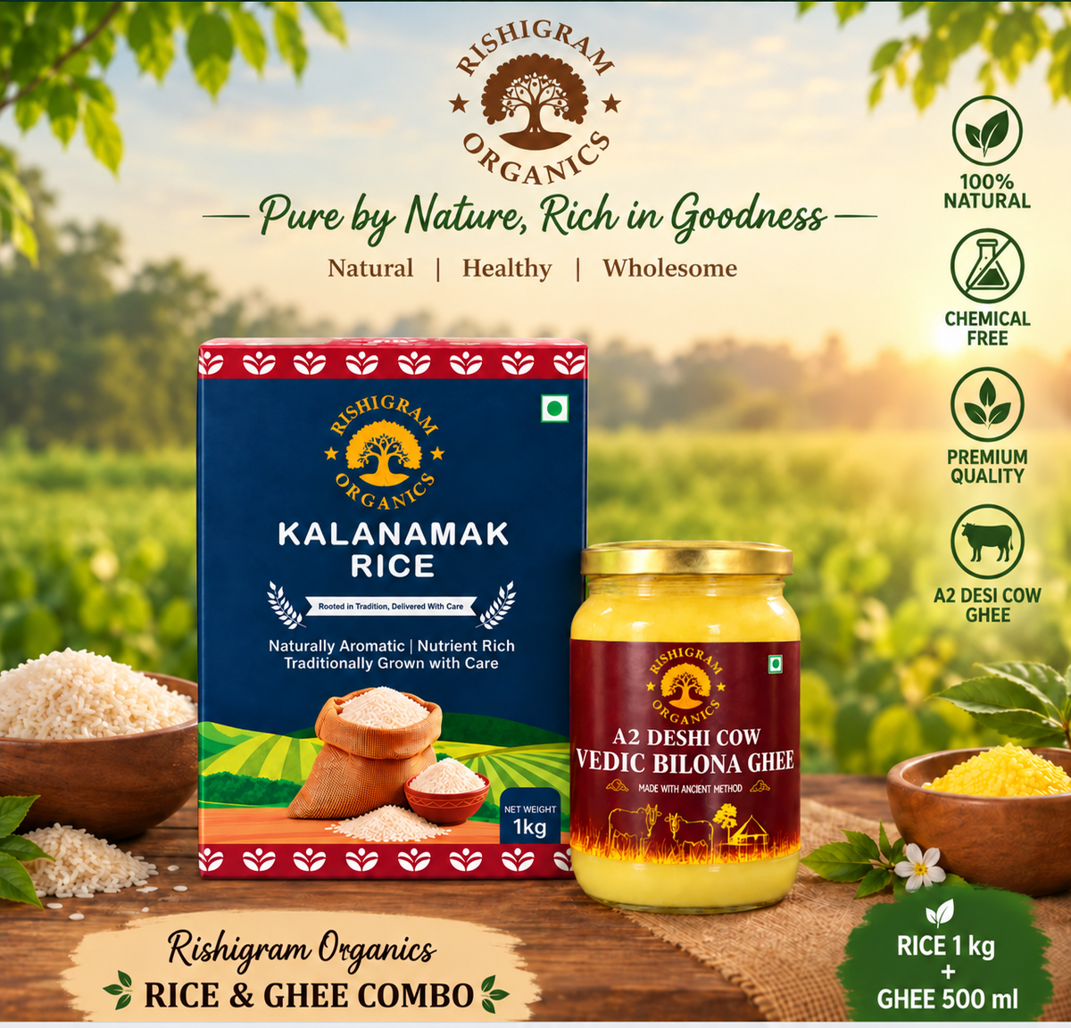 500g A2 Deshi Cow Vedic Bilona Ghee + 1Kg Kalanamak Rice